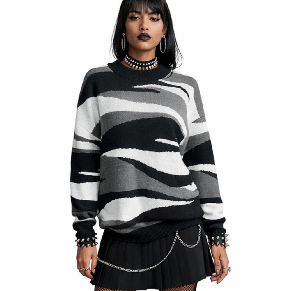 Vintage ROXY Size Medium Early Door Sweater Black White‎ Gray Oversized Y2K